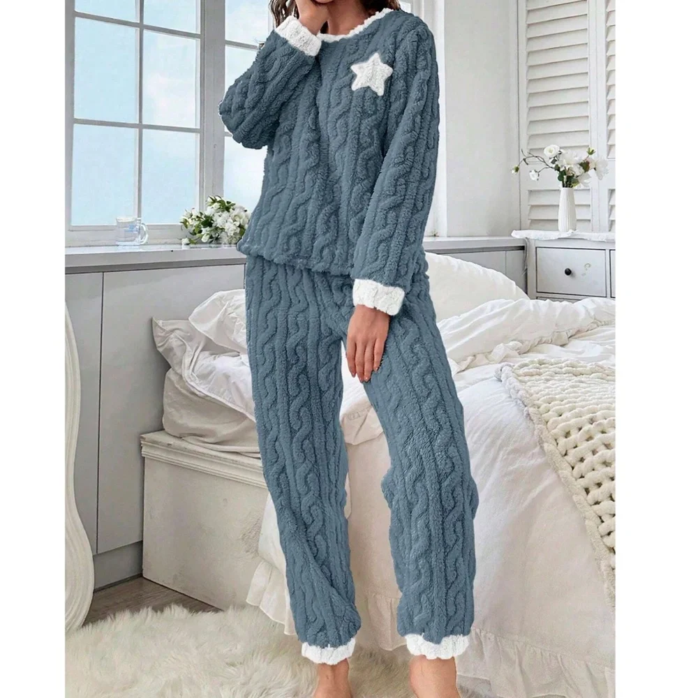 Cozy Teddy Textured Color Block Pajamas Lounge Set - Picture 3 of 8